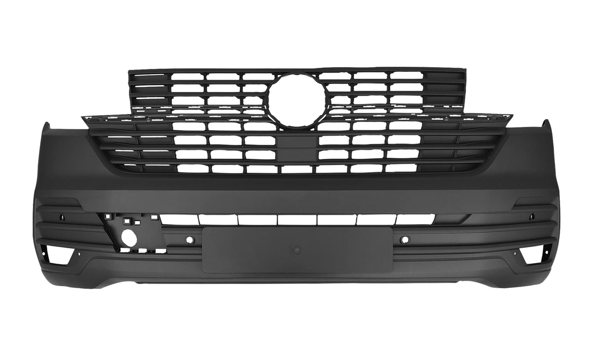 Parachoques delantero, acabado negro con rejilla superior con orificio para sensores — VOLKSWAGEN TRANSPORTER T6.1 (desde 07/2019)